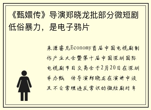 《甄嬛传》导演郑晓龙批部分微短剧低俗暴力，是电子鸦片