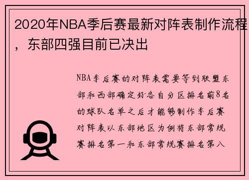 2020年NBA季后赛最新对阵表制作流程，东部四强目前已决出
