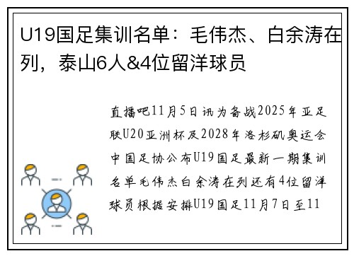 U19国足集训名单:毛伟杰、白余涛在列,泰山6人&4位留洋球员