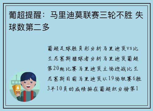 葡超提醒:马里迪莫联赛三轮不胜 失球数第二多