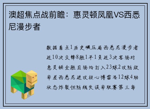 澳超焦点战前瞻:惠灵顿凤凰VS西悉尼漫步者