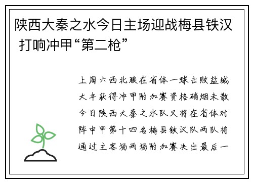 陕西大秦之水今日主场迎战梅县铁汉 打响冲甲“第二枪”